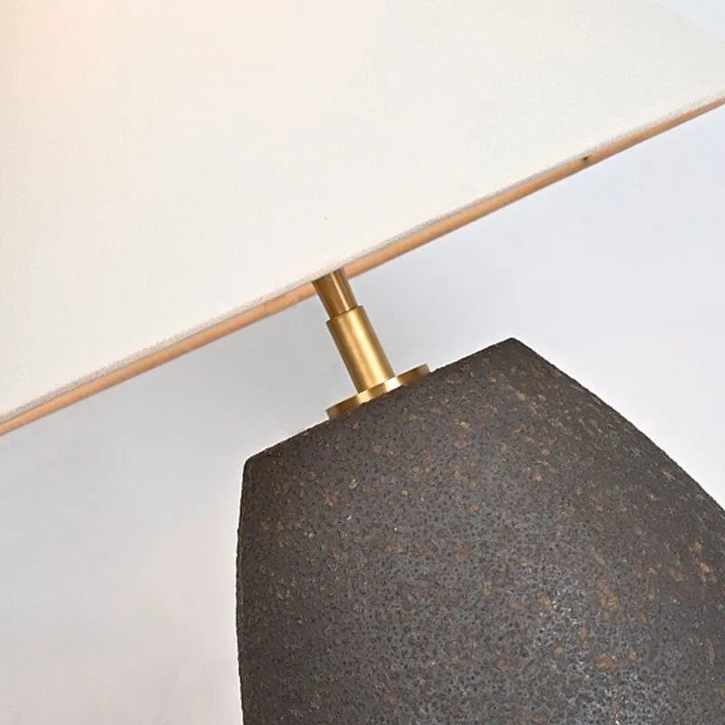 Wabi-Sabi handmade pottery black iron retro table lamp with fabric lampshade