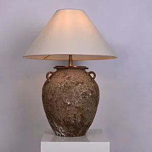 Vintage Antique Rustic Wabi Sabi Style Decor Lamp Linen Lamp Shade Ceramic Table Lamp