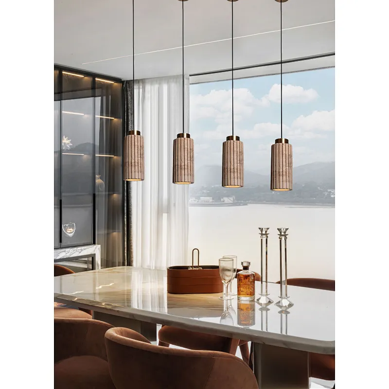 Carved column natural travertine stone bedside pendant light