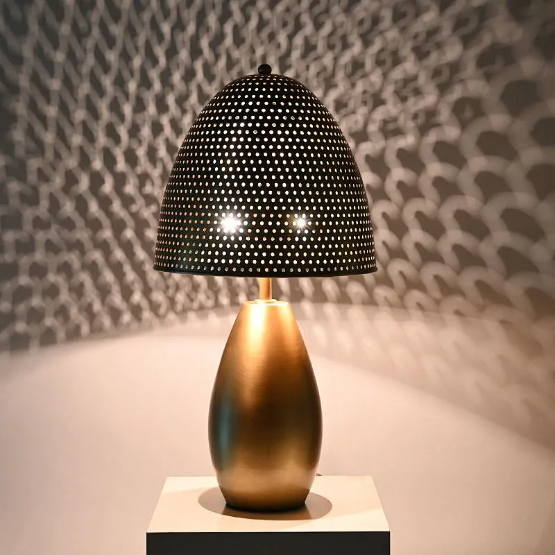 Antique brass mushroom shape bedside table lamp with metal circular hollow lampshade