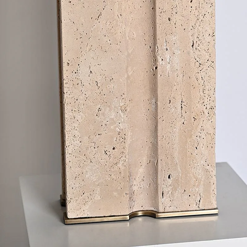Rectangular geometry groove natural travertine stone desk table lamp with fabric lampshade for living room bedroom