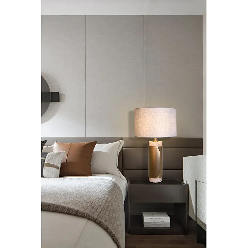Unique design antique brass finish natural travertine stone desk table lamp with fabric lampshade for living room bedroom