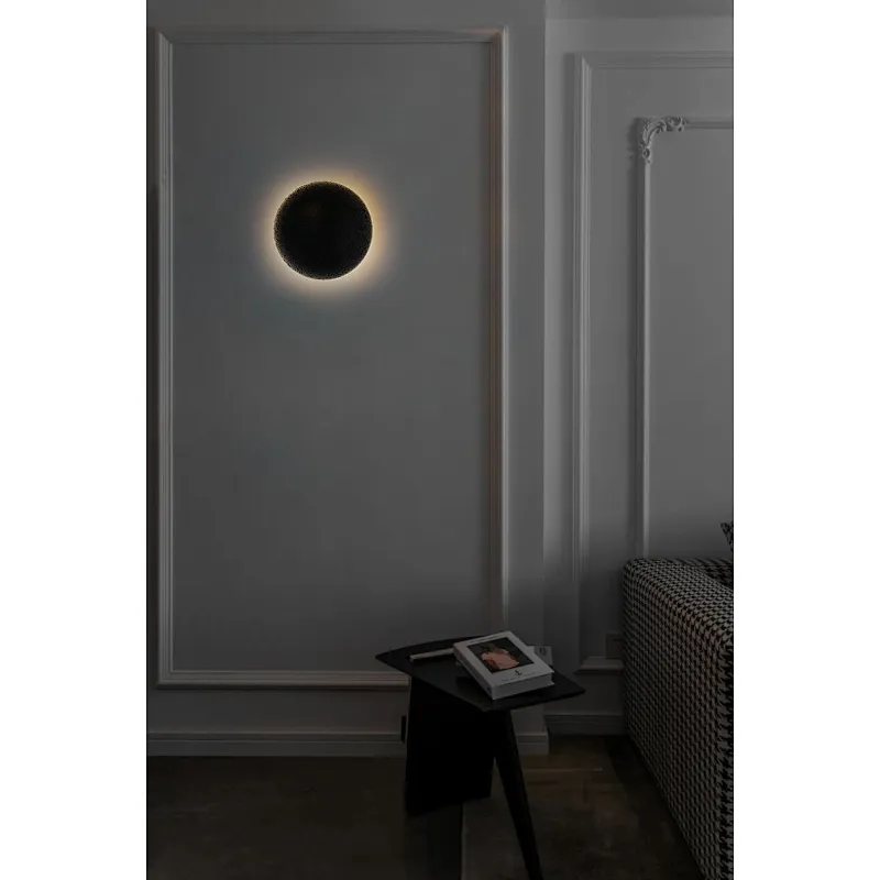 Solar eclipse natural black travertine stone wall light