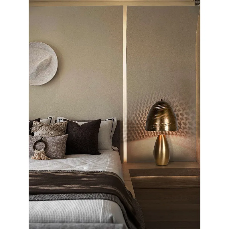 Antique brass mushroom shape bedside table lamp with metal circular hollow lampshade