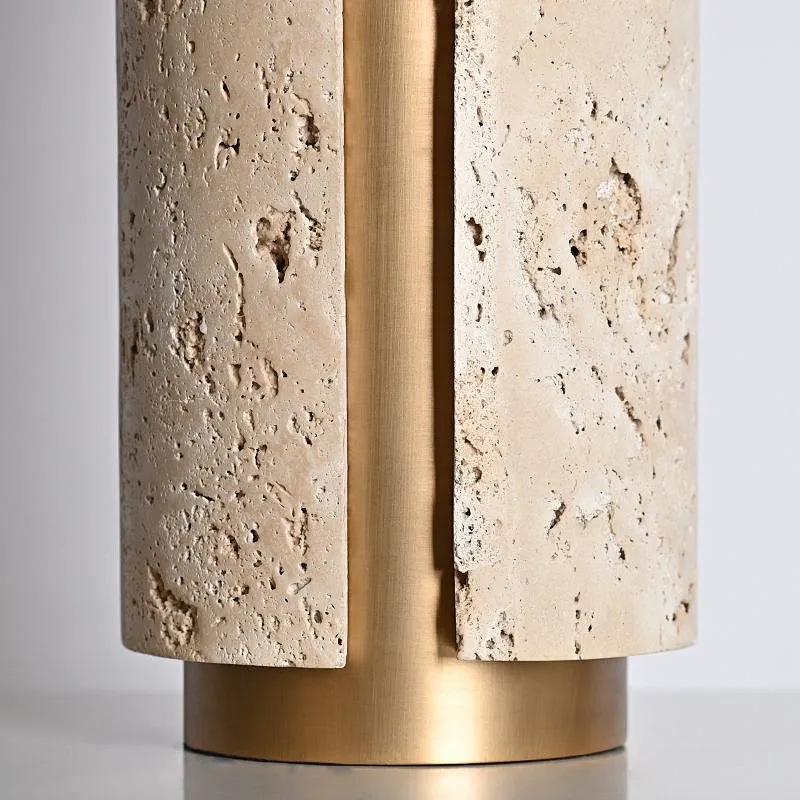 Unique design antique brass finish natural travertine stone desk table lamp with fabric lampshade for living room bedroom