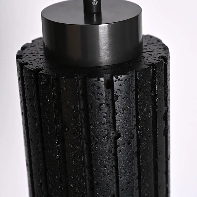 Carved column natural black travertine stone bedside pendant light