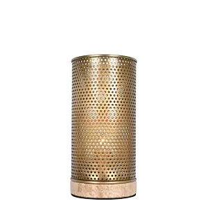 Simple antique brass hollow out metal cylinder travertine stone base table lamp for living room
