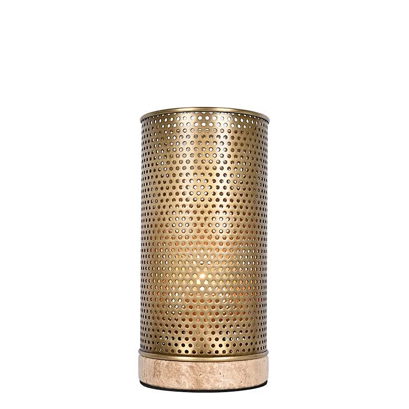 Simple antique brass hollow out metal cylinder travertine stone base table lamp for living room