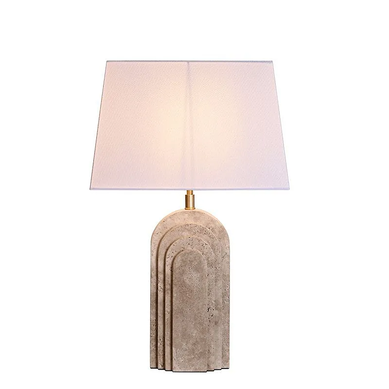 Arched layers natural travertine stone desk table lamp with fabric lampshade for living room bedroom