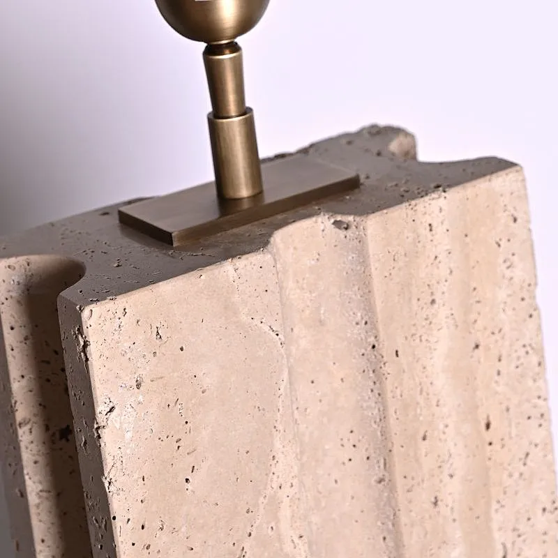 Rectangular geometry groove natural travertine stone desk table lamp with fabric lampshade for living room bedroom