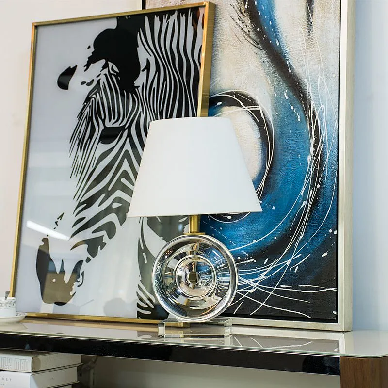Fengshui round crystal glass  bedside table lamp with fabric shade for livingroom bedroom