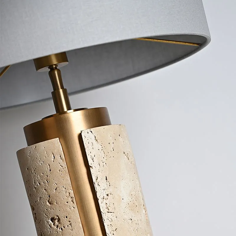 Unique design antique brass finish natural travertine stone desk table lamp with fabric lampshade for living room bedroom