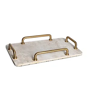 Luxury rectangular travertine stone tray with steel handles
