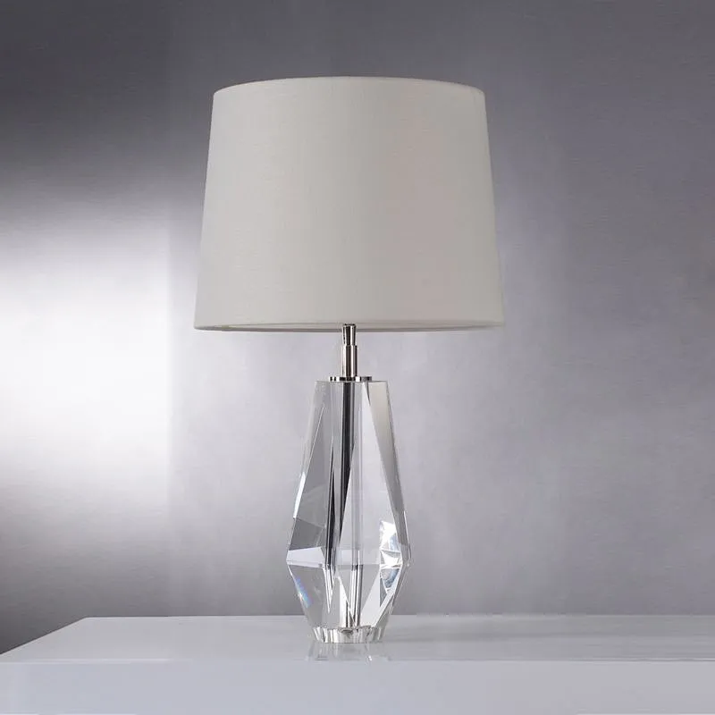 Hexagonal multifaceted crystal glass base with linen fabric lampshade bedside table lamp for bedroom