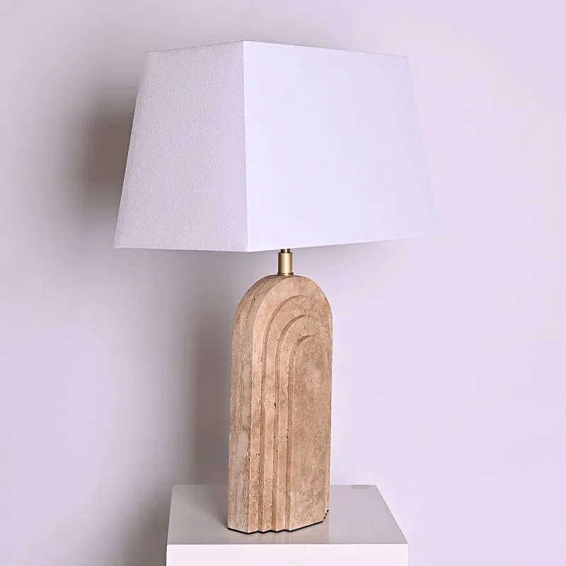 Arched layers natural travertine stone desk table lamp with fabric lampshade for living room bedroom