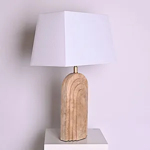 Arched layers natural travertine stone desk table lamp with fabric lampshade for living room bedroom