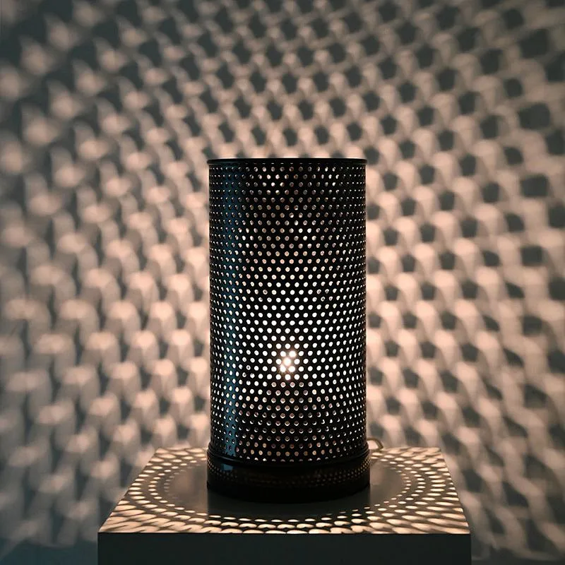 Bronze simple mesh metal cylinder marble stone base  bedside table lamp