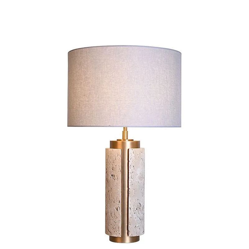 Unique design antique brass finish natural travertine stone desk table lamp with fabric lampshade for living room bedroom