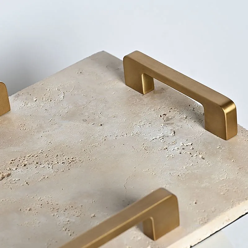 Luxury rectangular travertine stone tray with copper handles
