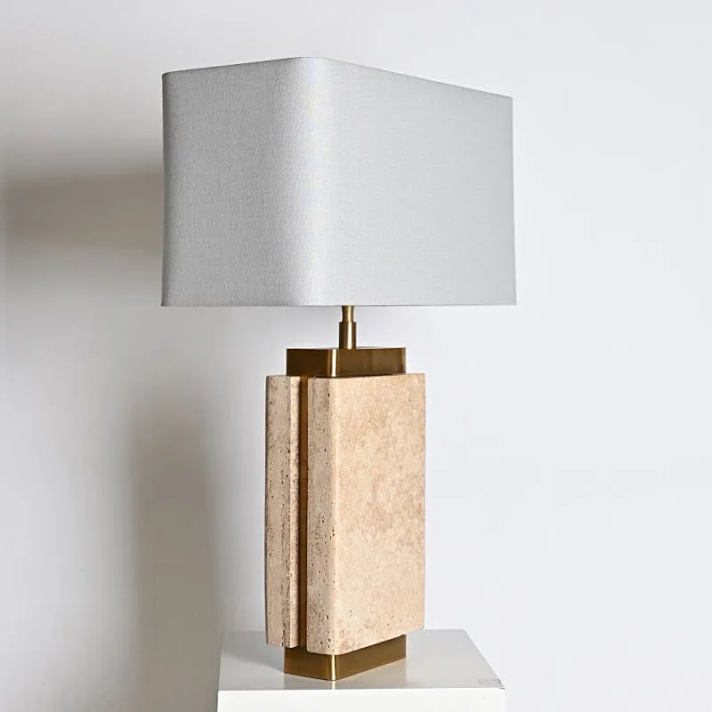 Unique design rectangular antique brass finish natural travertine stone desk table lamp with fabric lampshade for living room bedroom