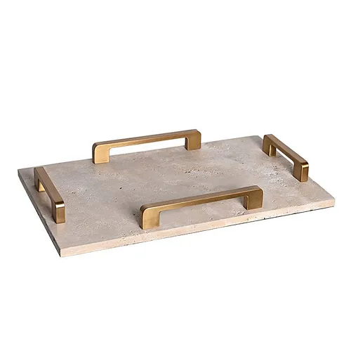 Luxury rectangular travertine stone tray with copper handles