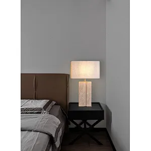 Rectangular geometry groove natural travertine stone desk table lamp with fabric lampshade for living room bedroom