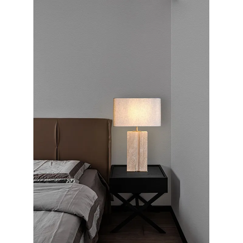 Rectangular geometry groove natural travertine stone desk table lamp with fabric lampshade for living room bedroom