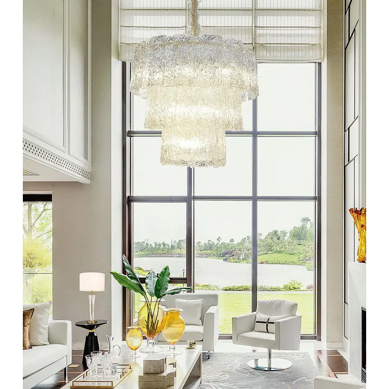 3 layers rectangular tiered handmade art glass chandelier for livingroom