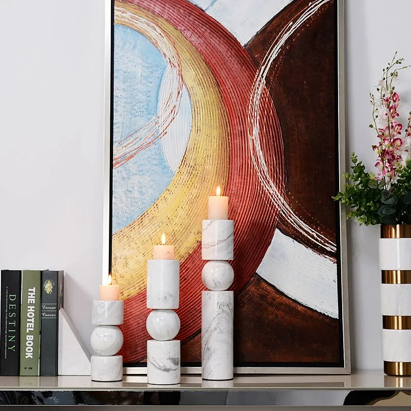 Tabletop white cylindrical marble candlestick set home decor