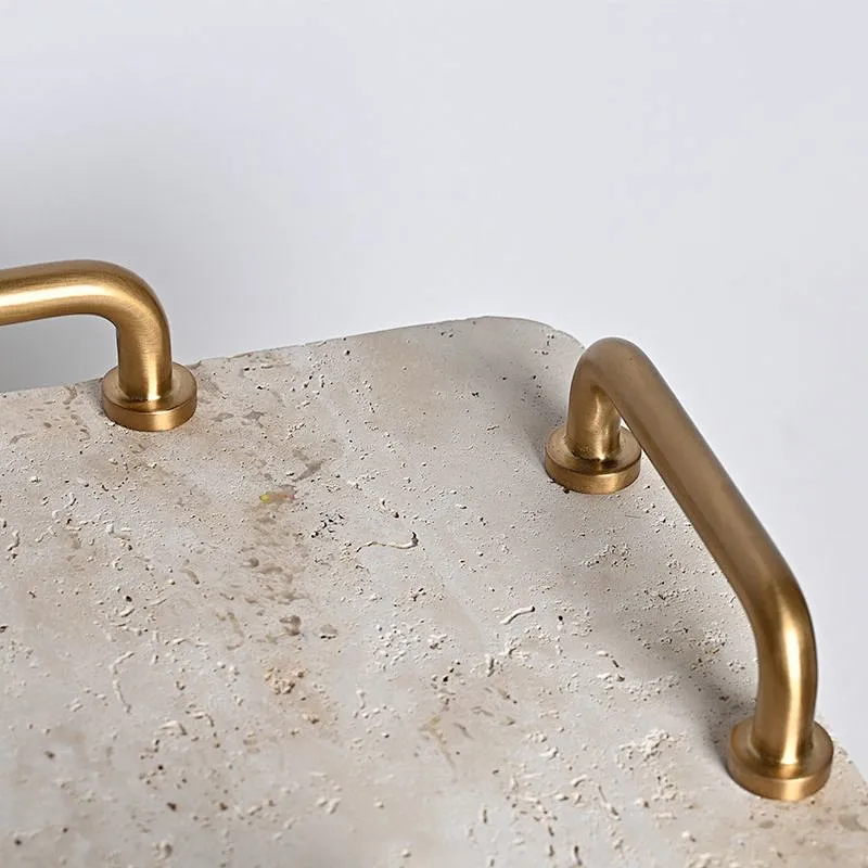 Luxury rectangular travertine stone tray with steel handles