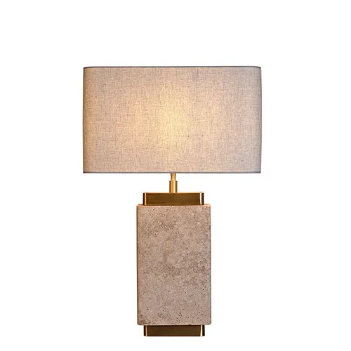Unique design rectangular antique brass finish natural travertine stone desk table lamp with fabric lampshade for living room bedroom