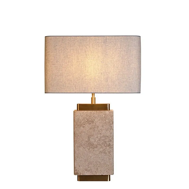 Unique design rectangular antique brass finish natural travertine stone desk table lamp with fabric lampshade for living room bedroom