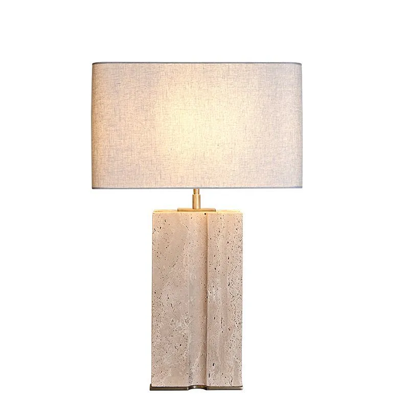 Rectangular geometry groove natural travertine stone desk table lamp with fabric lampshade for living room bedroom