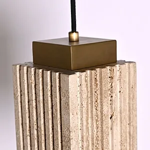 Luxury carved square column natural travertine stone pendant light