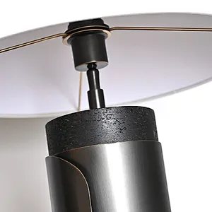Unique design antique bronze finish natural travertine stone desk table lamp with fabric lampshade for living room bedroom