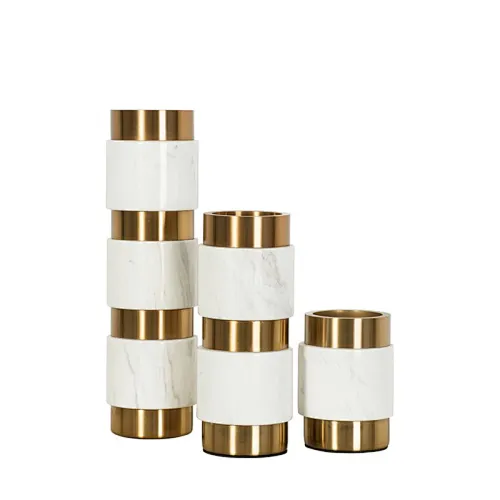 Tabletop white marble gold steel cylinder vase home décor