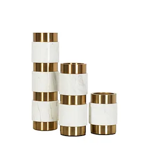 Tabletop white marble gold steel cylinder vase home décor