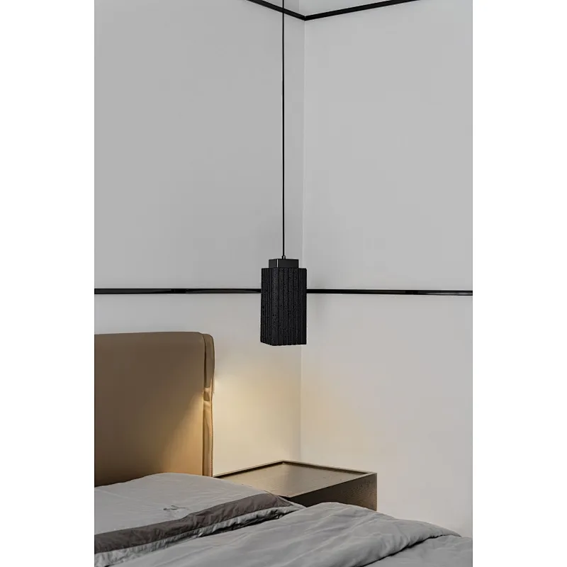 Luxury carved square column natural black travertine stone pendant light