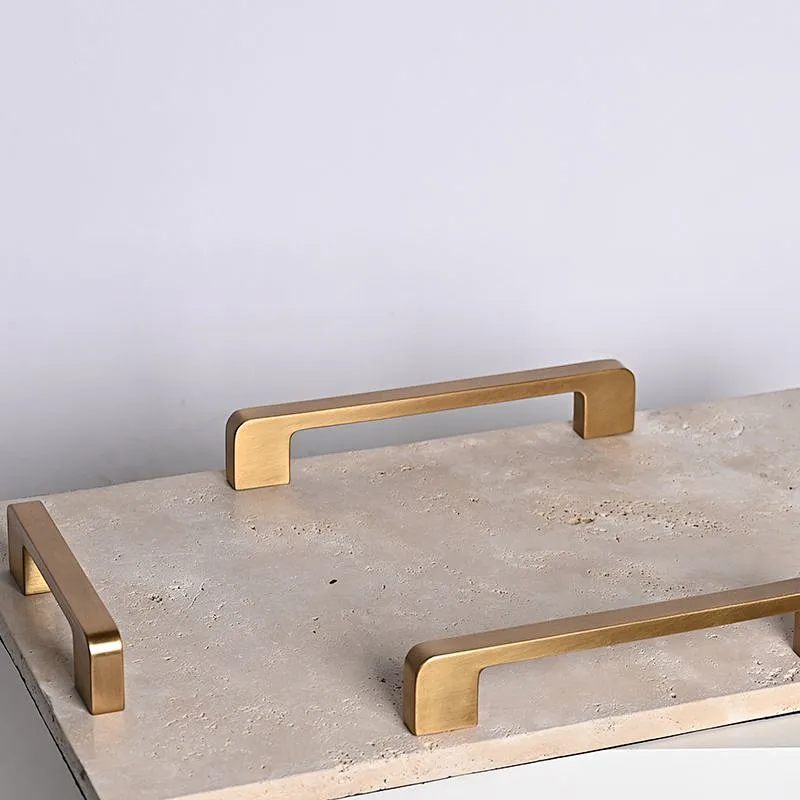 Luxury rectangular travertine stone tray with copper handles