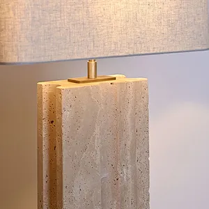 Rectangular geometry groove natural travertine stone desk table lamp with fabric lampshade for living room bedroom