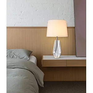 Hexagonal multifaceted crystal glass base with linen fabric lampshade bedside table lamp for bedroom