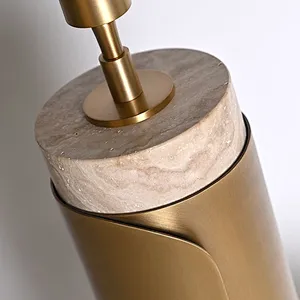 Unique design antique brass finish natural travertine stone desk table lamp with fabric lampshade for living room bedroom