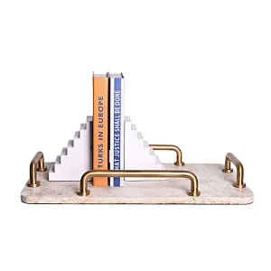 Luxury rectangular travertine stone tray with steel handles