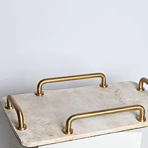 Luxury rectangular travertine stone tray with steel handles