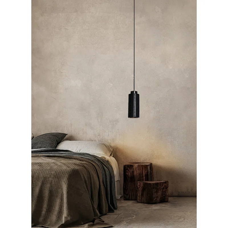 Carved column natural black travertine stone bedside pendant light