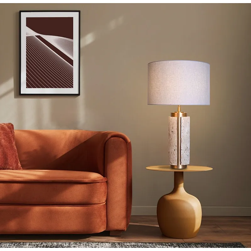 Unique design antique brass finish natural travertine stone desk table lamp with fabric lampshade for living room bedroom