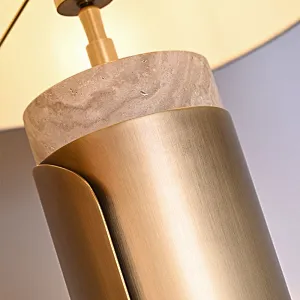 Unique design antique brass finish natural travertine stone desk table lamp with fabric lampshade for living room bedroom