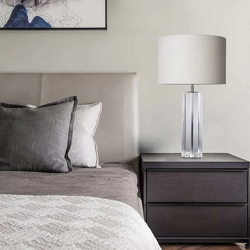 Square column slotted clear crystal glass table lamp with linen lampshade