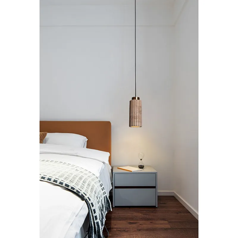 Carved column natural travertine stone bedside pendant light