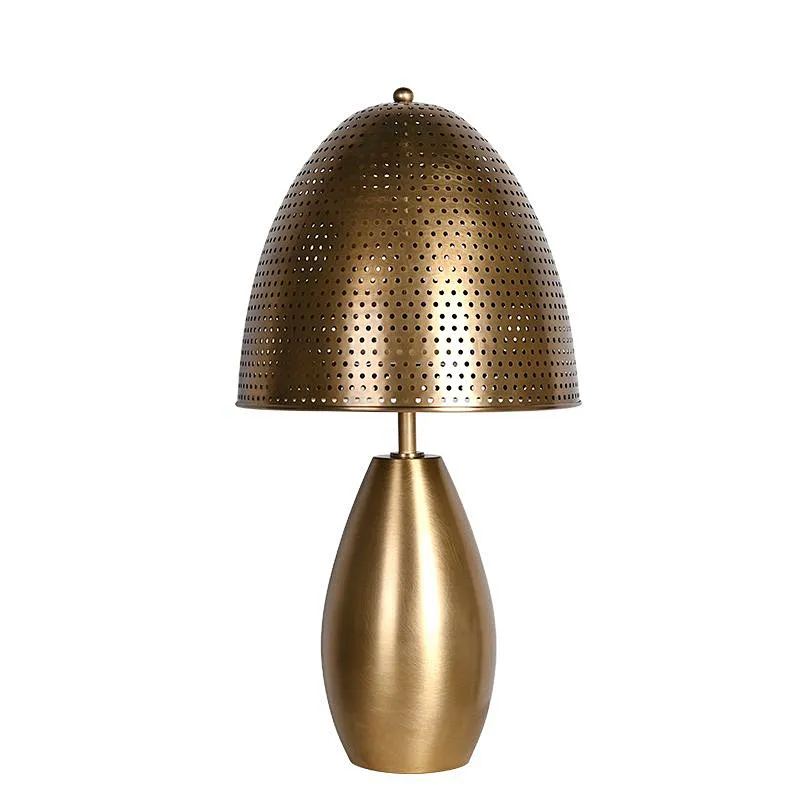 Antique brass mushroom shape bedside table lamp with metal circular hollow lampshade
